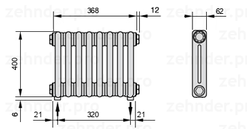 Схема (чертеж) Радиатор Zehnder Charleston 2040/8 №5310 Белый глянцевый RAL 9016